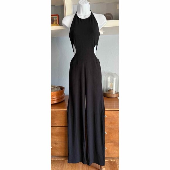 Reformation Aspen Knit Jumpsuit Halter Neck Black Wide Leg - Picture 1 of 6